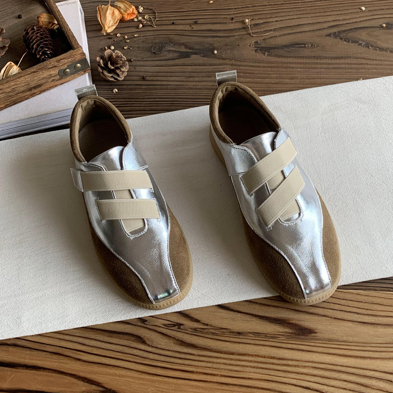 2025 秋新作 本革シルバーレトロローカットシューズ レディース ドイツ軍用トレーナー風 マジックテープ式アガムシュー