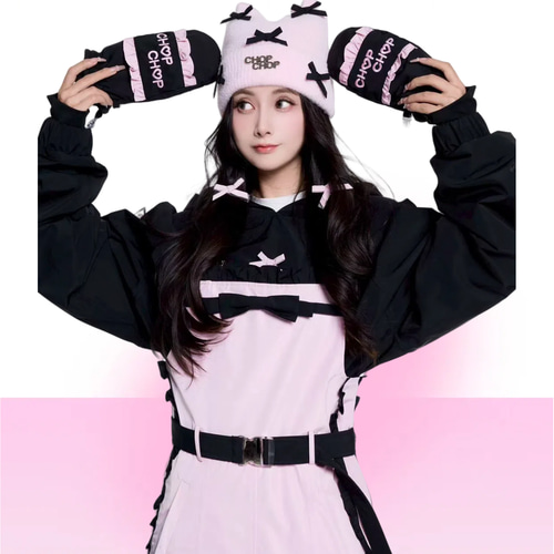 2026 ニット帽 キャップ 黒 ピンク リボン 猫耳 防寒 保温 スノボ