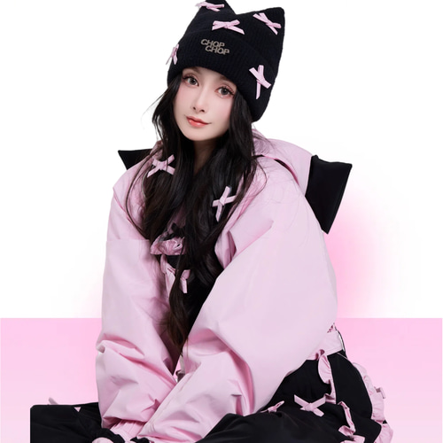 2026 ニット帽 キャップ 黒 ピンク リボン 猫耳 防寒 保温 スノボ
