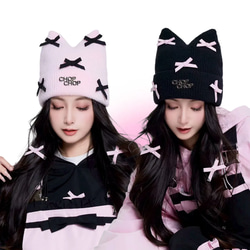 2026 ニット帽 キャップ 黒 ピンク リボン 猫耳 防寒 保温 スノボ