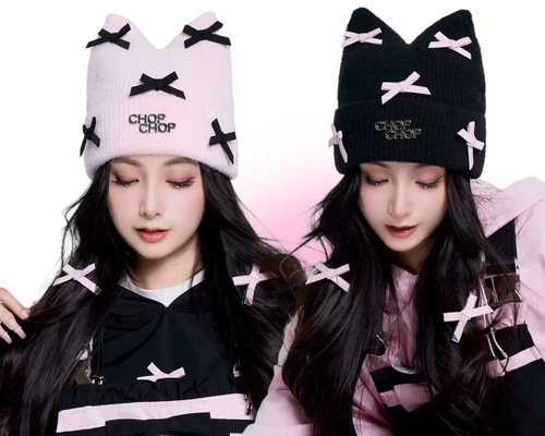 2026 ニット帽 キャップ 黒 ピンク リボン 猫耳 防寒 保温 スノボ