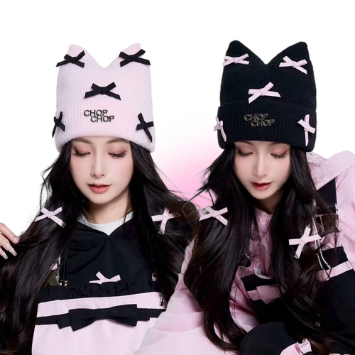 2026 ニット帽 キャップ 黒 ピンク リボン 猫耳 防寒 保温 スノボ