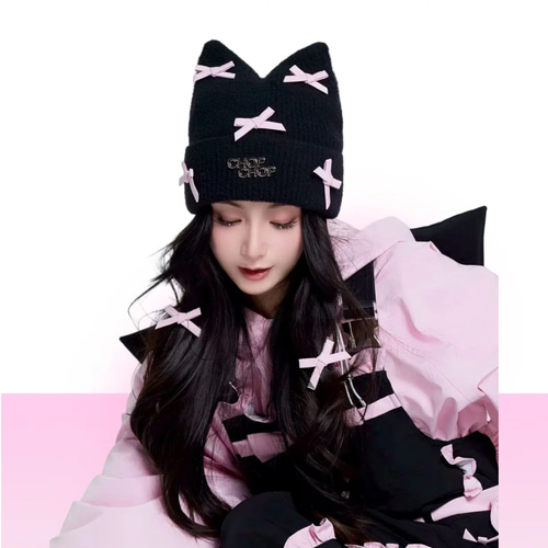 2026 ニット帽 キャップ 黒 ピンク リボン 猫耳 防寒 保温 スノボ