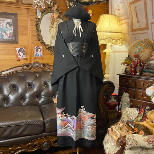 黒留袖 着物 リメイク ワンピース ドレス ロング 和洋折衷 洗える 化繊