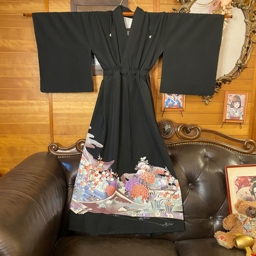 黒留袖 着物 リメイク ワンピース ドレス ロング 和洋折衷 洗える 化繊