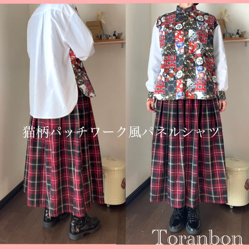 ねこ柄パネルシャツ】ねこ柄詰合せのパッチワーク風パネルシャツ 男女