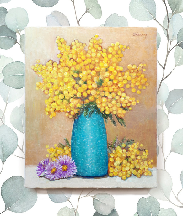 一点物】『 春の光とミモザ 』油絵 F3号 油彩 油画 絵画 インテリア