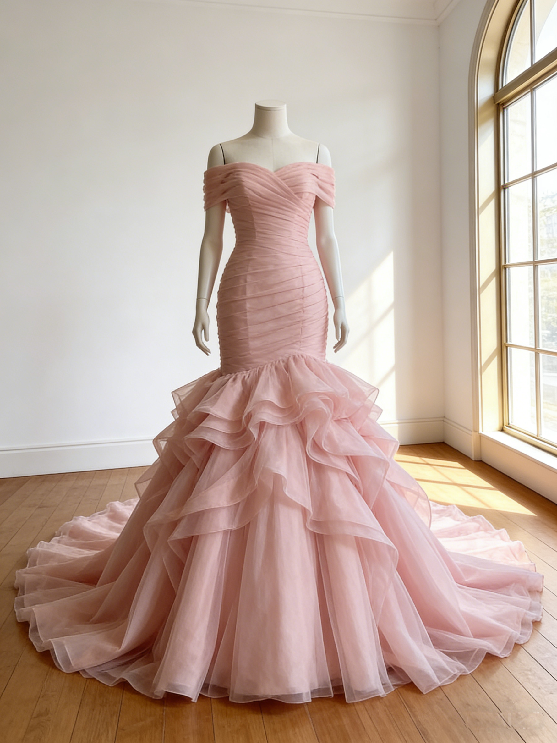 カラードレス   ピンク  マーメイドライン  細見えシルエット オフショルダー 花嫁 前撮り