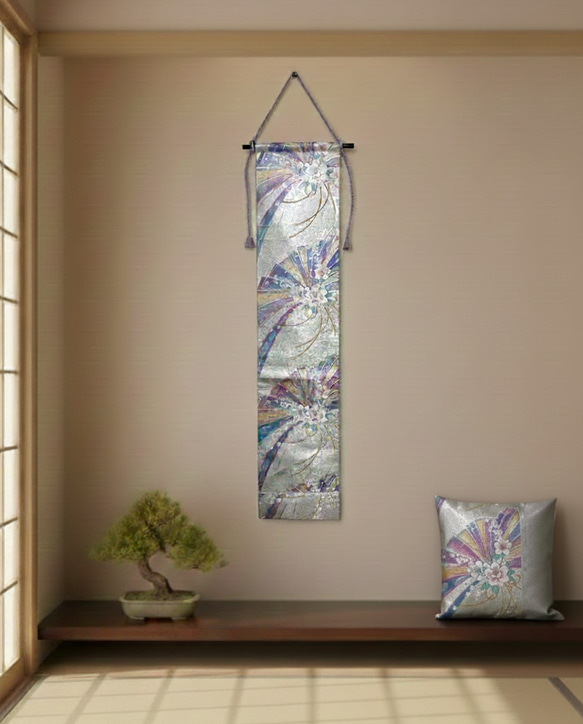 日本の着物帯リメイク｜タペストリー＆クッションカバー セット｜扇と