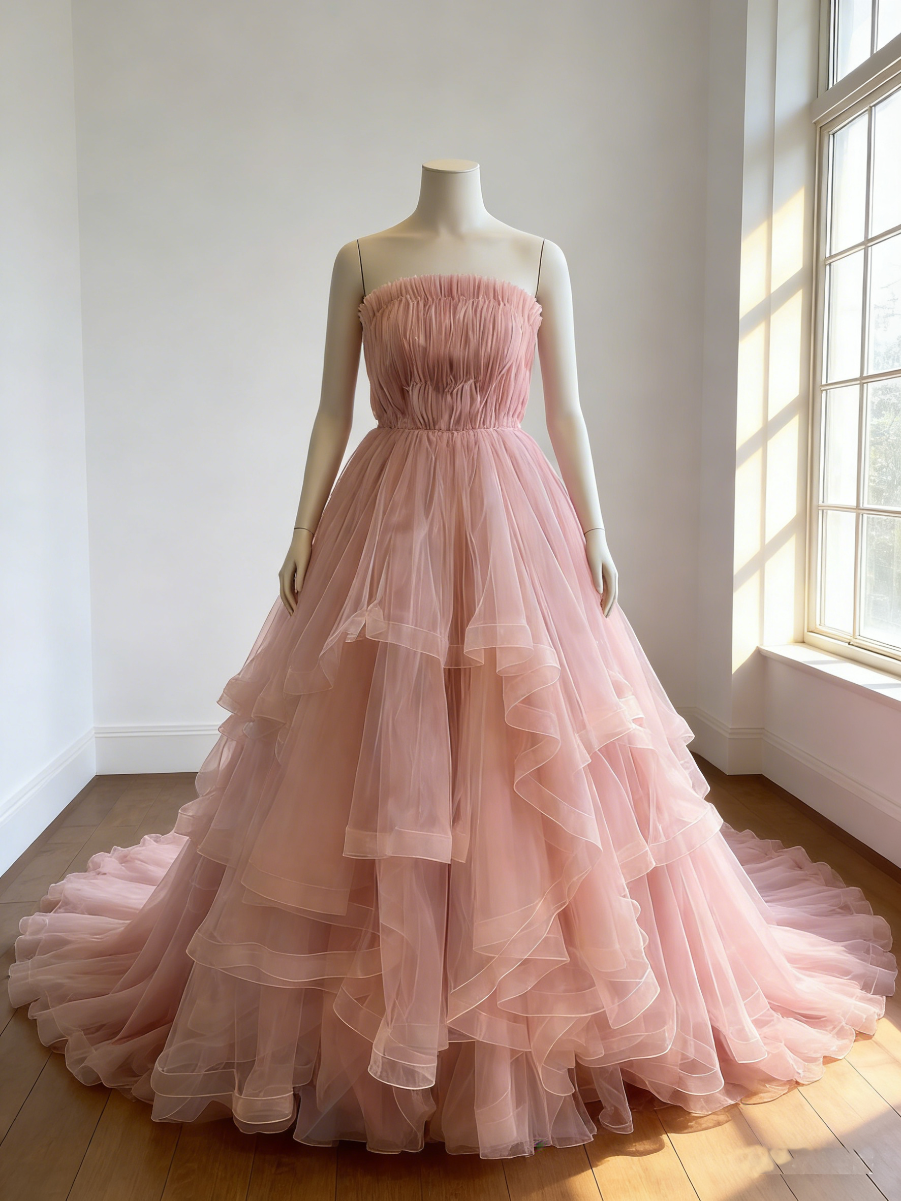 カラードレス   ピンク   アシンメトリー風  スリット  ビスチェドレス   ソフトチュール  華やかなトレーン