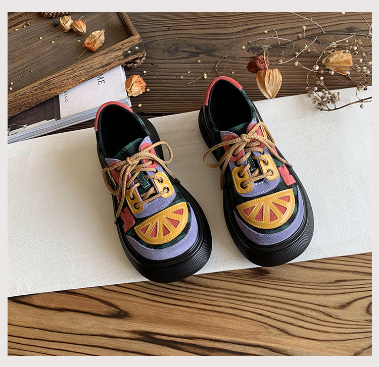 レディース本革日系風ビッグトゥシューズ 学生らしい可愛い配色カジュアル 厚底プラットフォームローファー アカデミック風ス