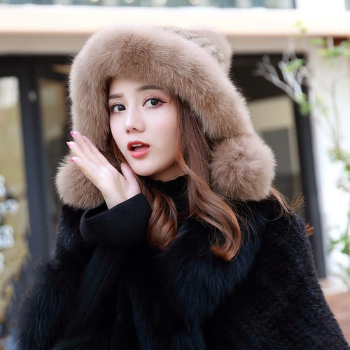 新品限定◇フォックスとミンク編みこみ帽子 ◇ポンポン付き/浅い茶