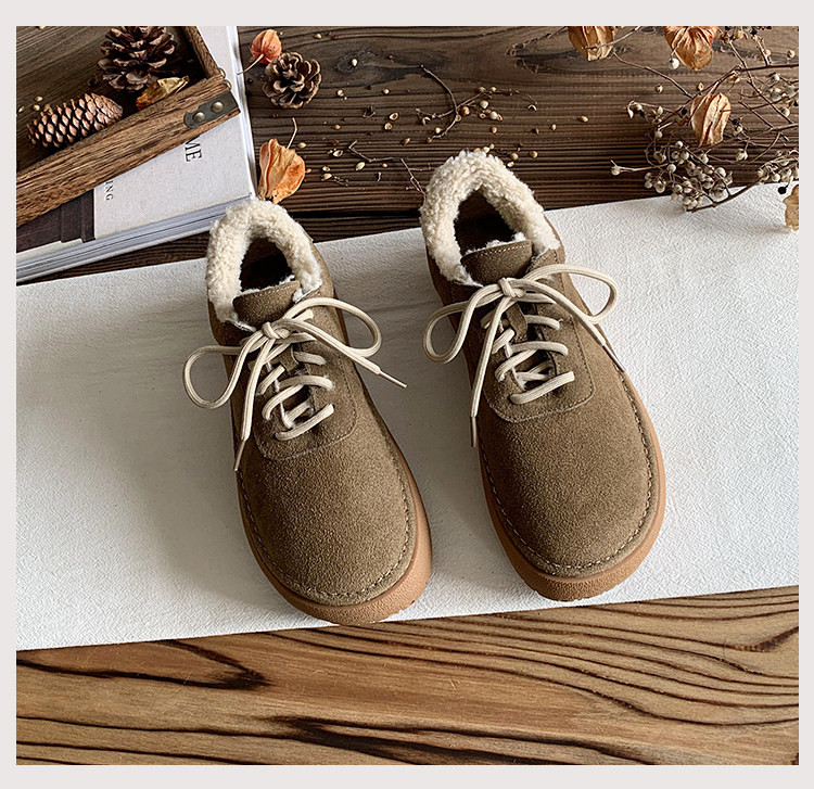 本革カジュアル 冬用裏起毛 厚底滑り止めもこもこシューズ