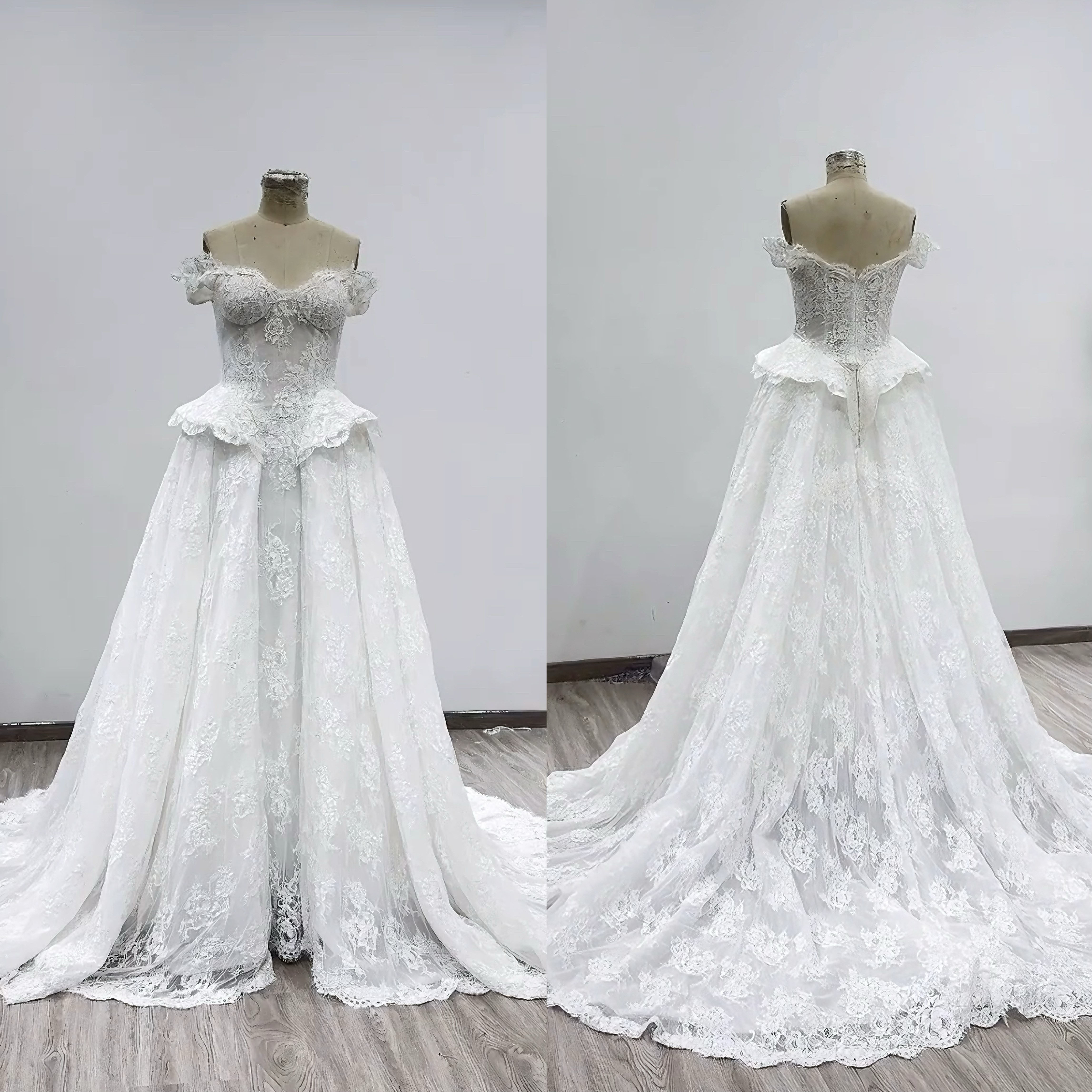 フランスレース　オフショルダー　チャック肩あき　ブライダル　ラッフルスカート　上品ロングトレーン　アンティークなドレス