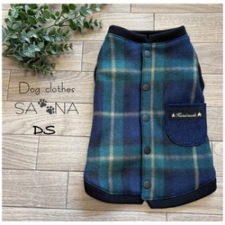 ハンドメイド犬服ダックスSグリーンチェックフリース二重フリル ペット