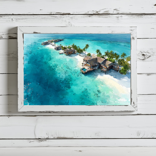 モルディブの海と水上ヴィラの水彩画｜透明感のある風景アート