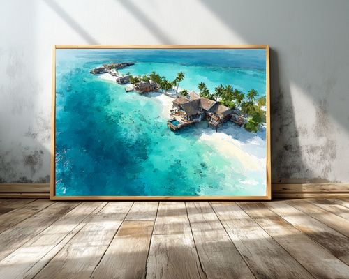 モルディブの海と水上ヴィラの水彩画｜透明感のある風景アート