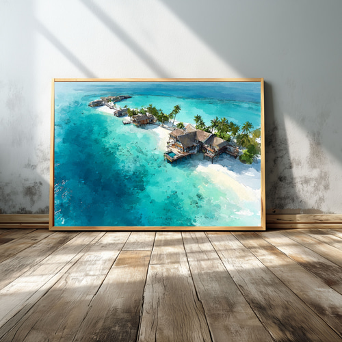 モルディブの海と水上ヴィラの水彩画｜透明感のある風景アート