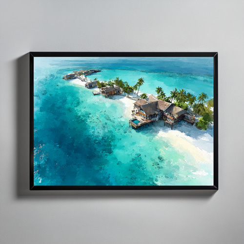 モルディブの海と水上ヴィラの水彩画｜透明感のある風景アート