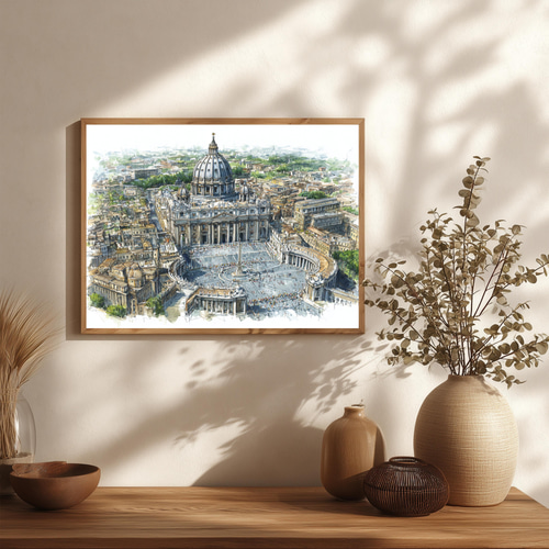 ローマ・サン・ピエトロ大聖堂 上空からの風景｜水彩画 インテリア