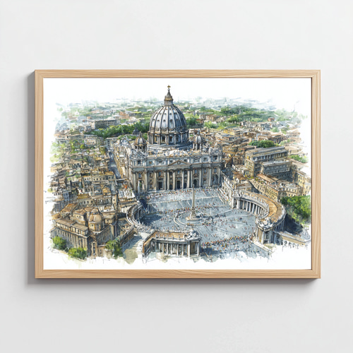 ローマ・サン・ピエトロ大聖堂 上空からの風景｜水彩画 インテリア