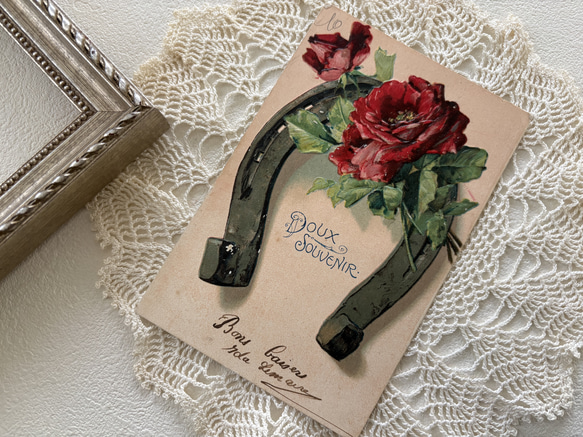 アンティークポストカード Roseと馬蹄 エンボス 額装 インテリア