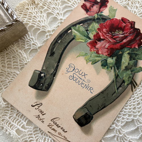 アンティークポストカード Roseと馬蹄 エンボス 額装 インテリア