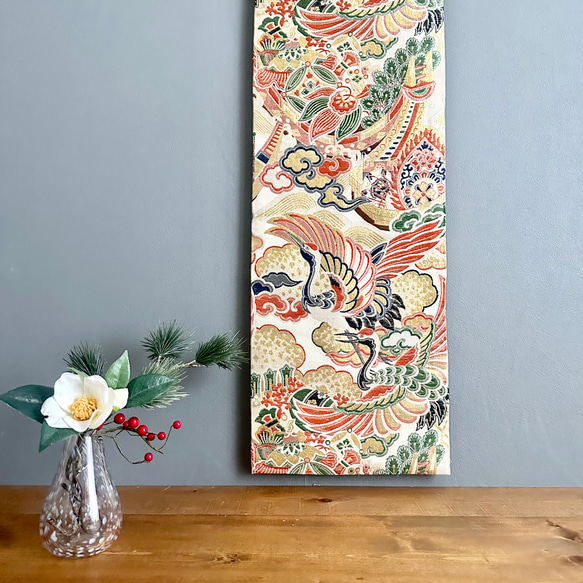 帯のタペストリー ヴィンテージ 鶴と宝船 テーブルランナー使用可 和