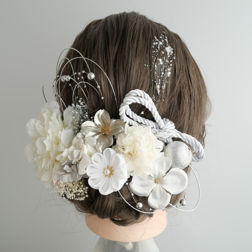 A526 ドライフラワー 髪飾り 白シルバー 卒業式 袴 成人式 振袖 結婚式