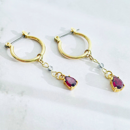 宝石質ロードライトガーネット×トルマリンクォーツ】1月誕生石フープ