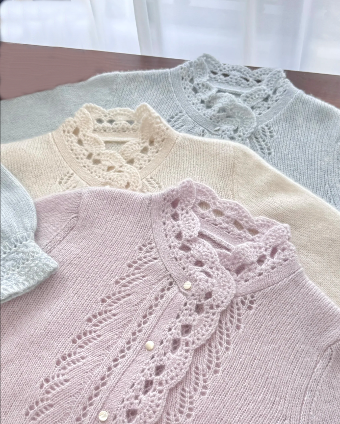 【受注製作】上質な触り心地　かぎ針で編むレース　100%カシミアセーター・QY00-1