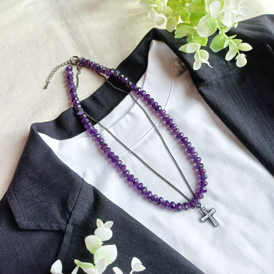 アメジストボタン&クロスネックレス✨