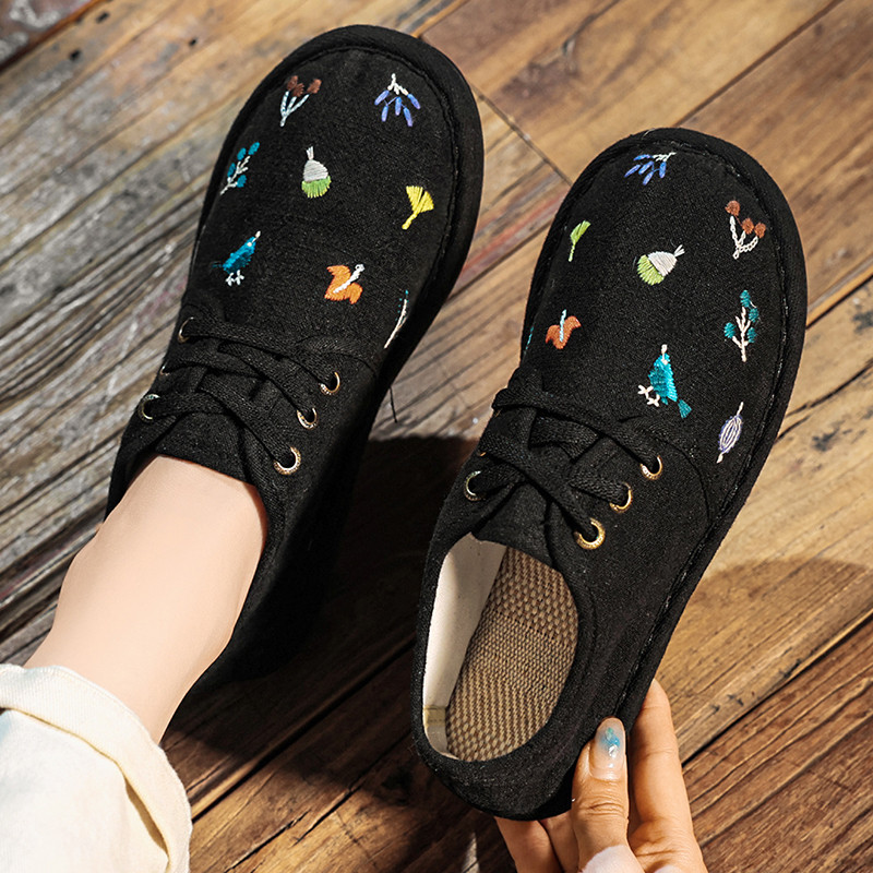 2026春夏新作布靴千層底老北京女型平底民族風ママ手作り綿麻刺繍