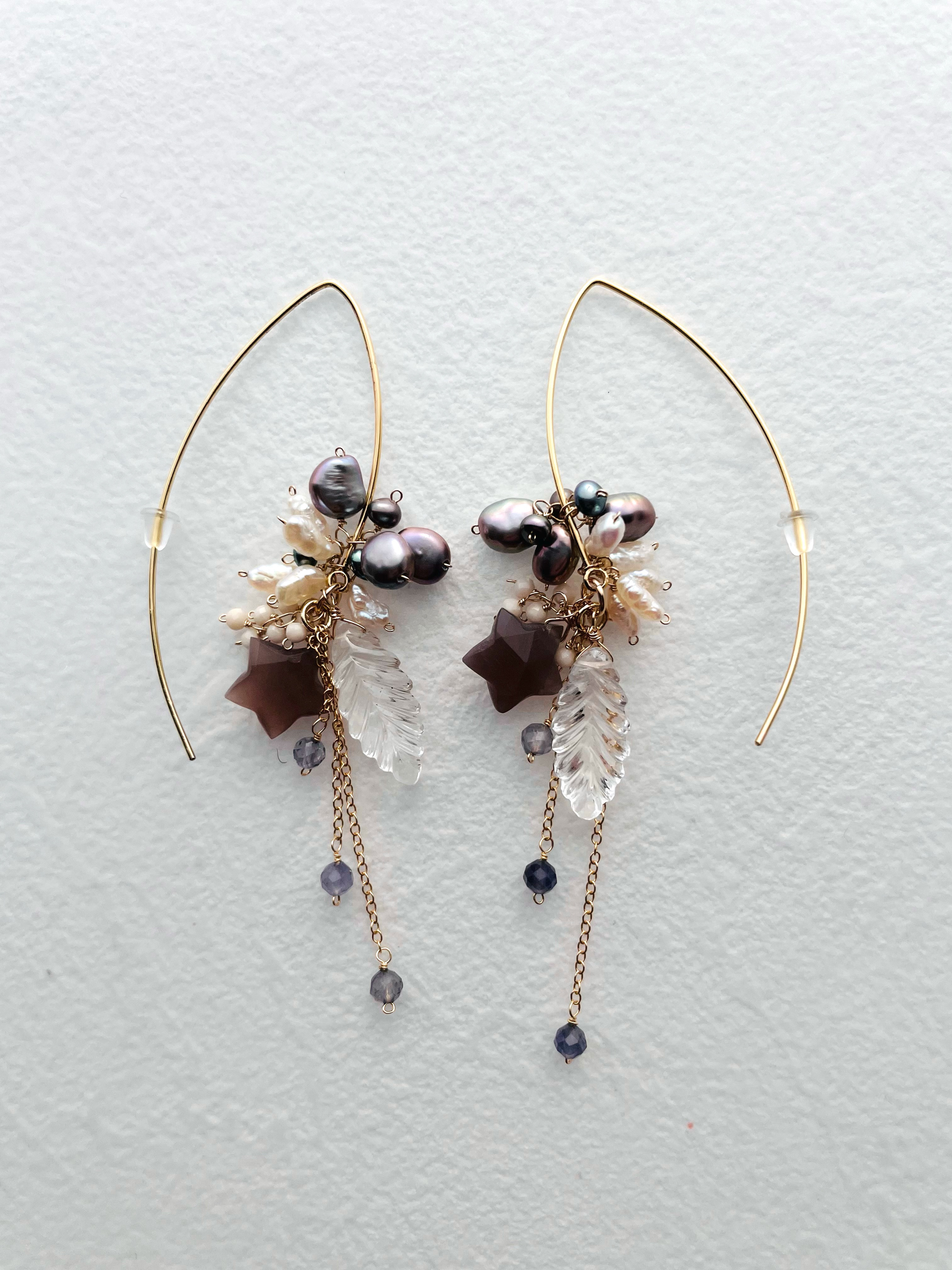 ピアス　天然石　チョコレートムーンストーン　ブラウン　クリスタル　淡水パール　スター　リーフ　プレゼント　14ｋｇｆ