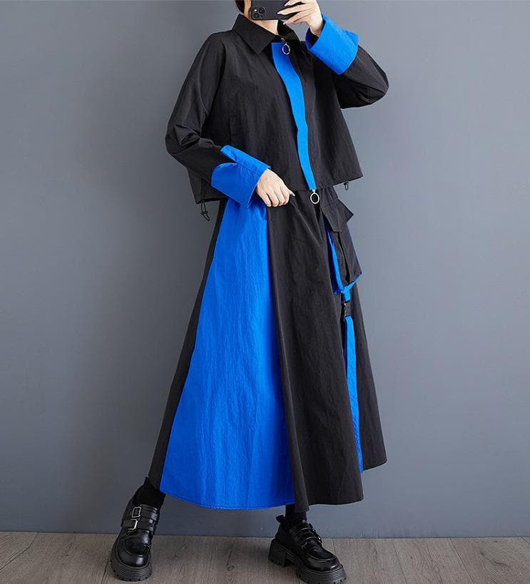 新品 大きいサイズブルーセットアップ ショートトップスロングスカート秋冬