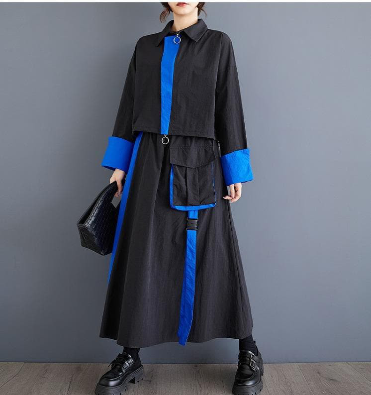 新品 大きいサイズブルーセットアップ ショートトップスロングスカート秋冬