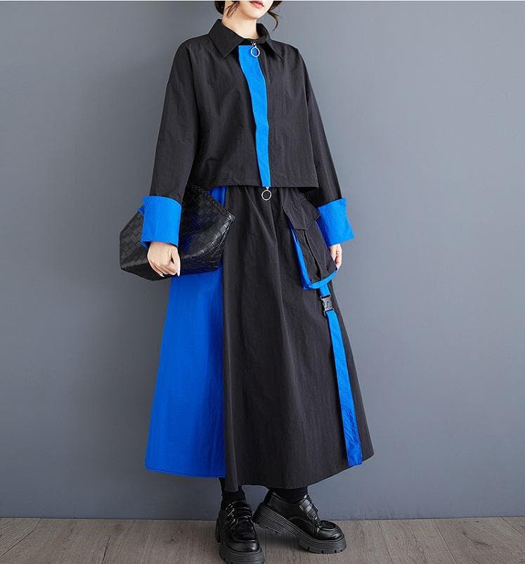 新品 大きいサイズブルーセットアップ ショートトップスロングスカート秋冬