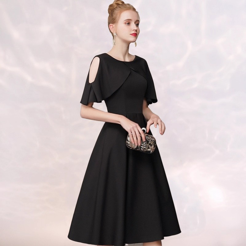 パーティードレス 黒 半袖 ショート丈 シンプル 韓国風 花嫁 披露宴 パーティー 前撮り 二次会 お呼ばれ AK573
