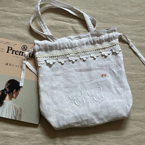 antiquelinen＆whitework*モノグラム手刺繍*ダマスク織りリネン