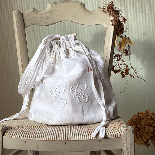 antiquelinen＆whitework*モノグラム手刺繍*ダマスク織りリネン