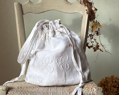 antiquelinen＆whitework*モノグラム手刺繍*ダマスク織りリネン