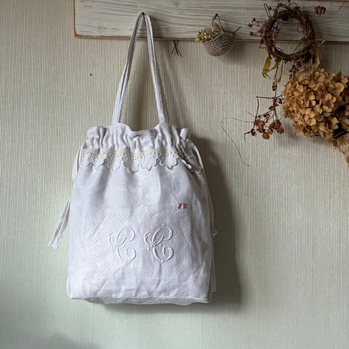 antiquelinen＆whitework*モノグラム手刺繍*ダマスク織りリネン