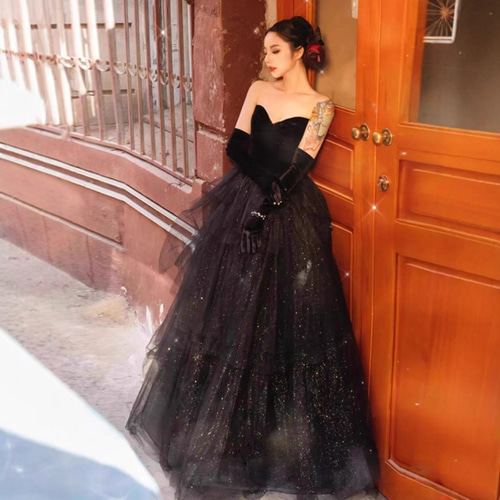 パーティードレス 黒 ノースリーブ ベロア ふわふわ プリンセス 披露宴