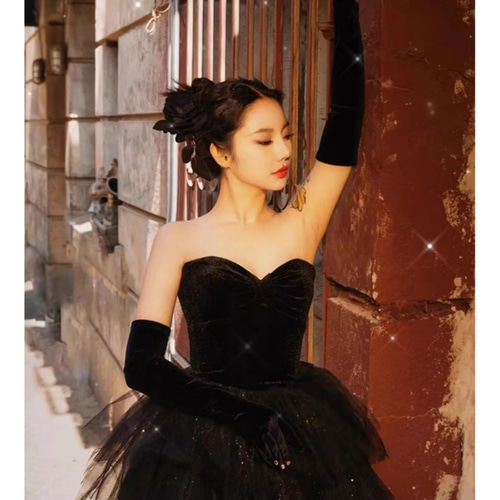 パーティードレス 黒 ノースリーブ ベロア ふわふわ プリンセス 披露宴