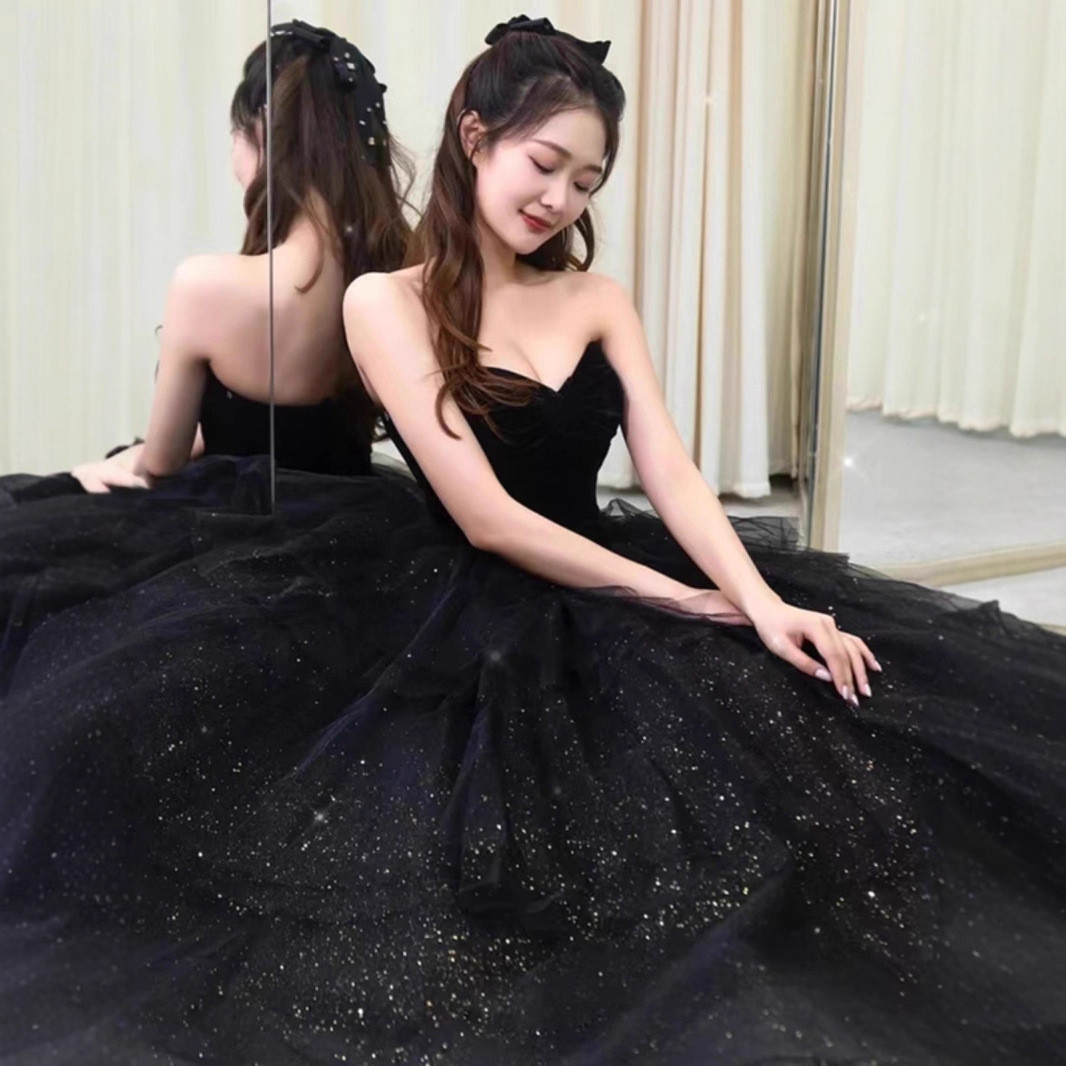 パーティードレス 黒 ノースリーブ ベロア ふわふわ プリンセス 披露宴  前撮り 二次会 お呼ばれ AK574