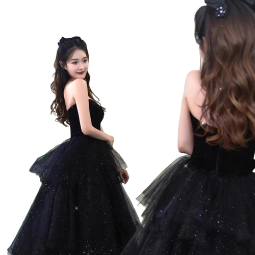 パーティードレス 黒 ノースリーブ ベロア ふわふわ プリンセス 披露宴