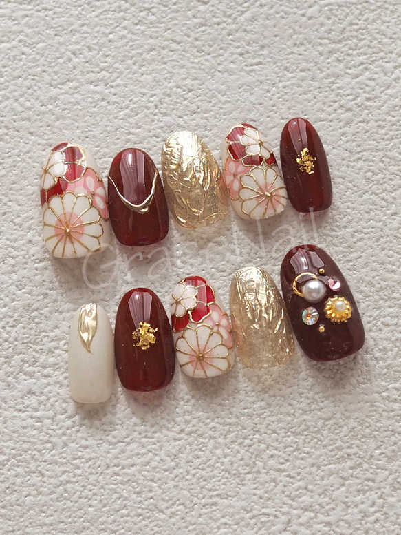 【1番人気】ニュアンスネイル　ネイルチップ　成人式　卒業式　前撮り　和柄　振袖 現品 サイズ変更不可 ネイルチップ ニュアンスネイル 成人式 卒業式 前