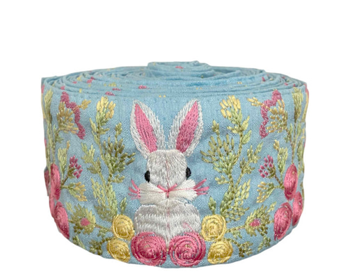 インド刺繍リボン50cm切り売り 花園の白うさぎ ブルー地 6.7cm幅 HC