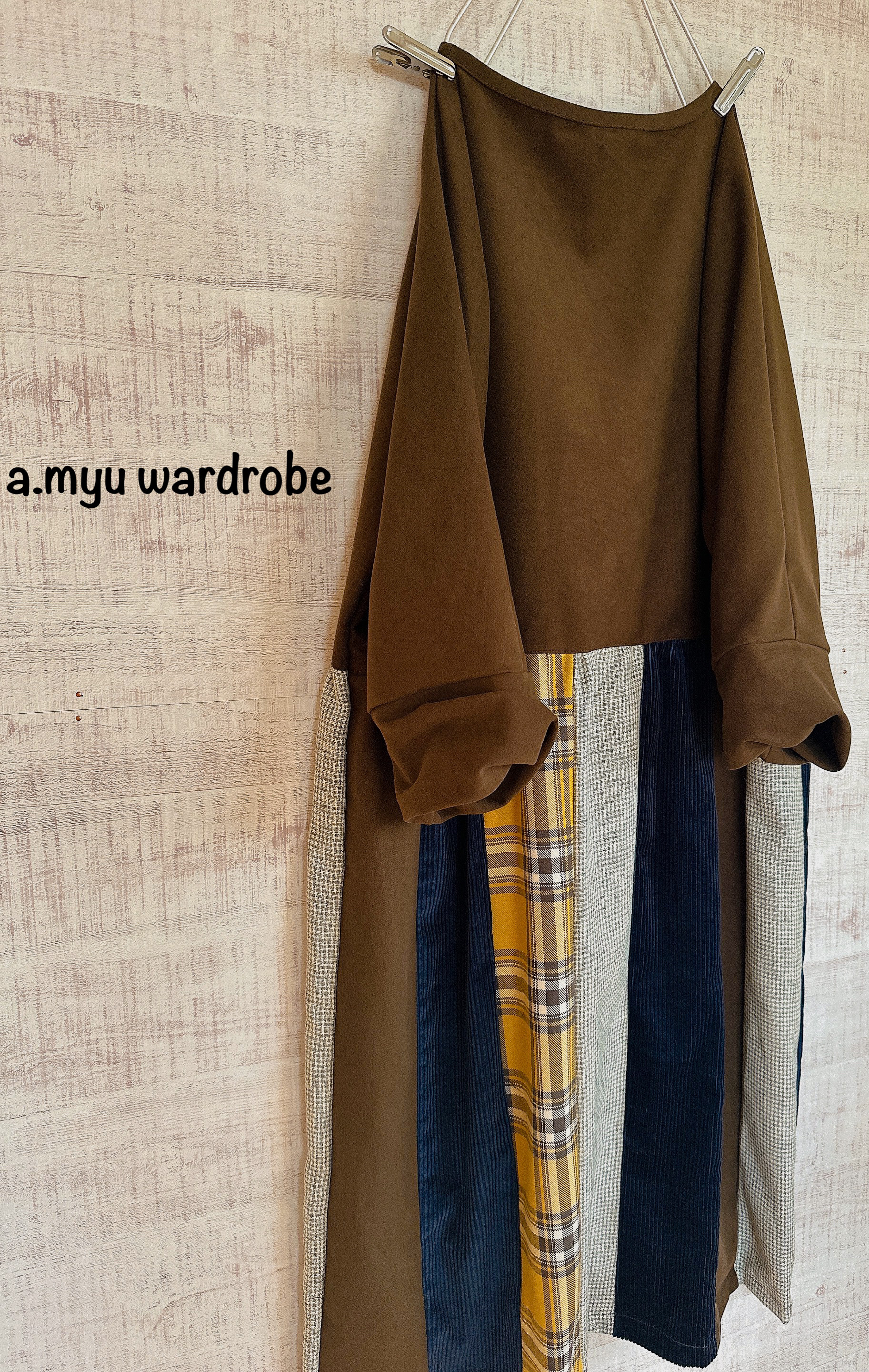 a.myu冬の一枚でキマる♪ねじれ袖ブラウンパッチワーク♪フリーサイズワンピース