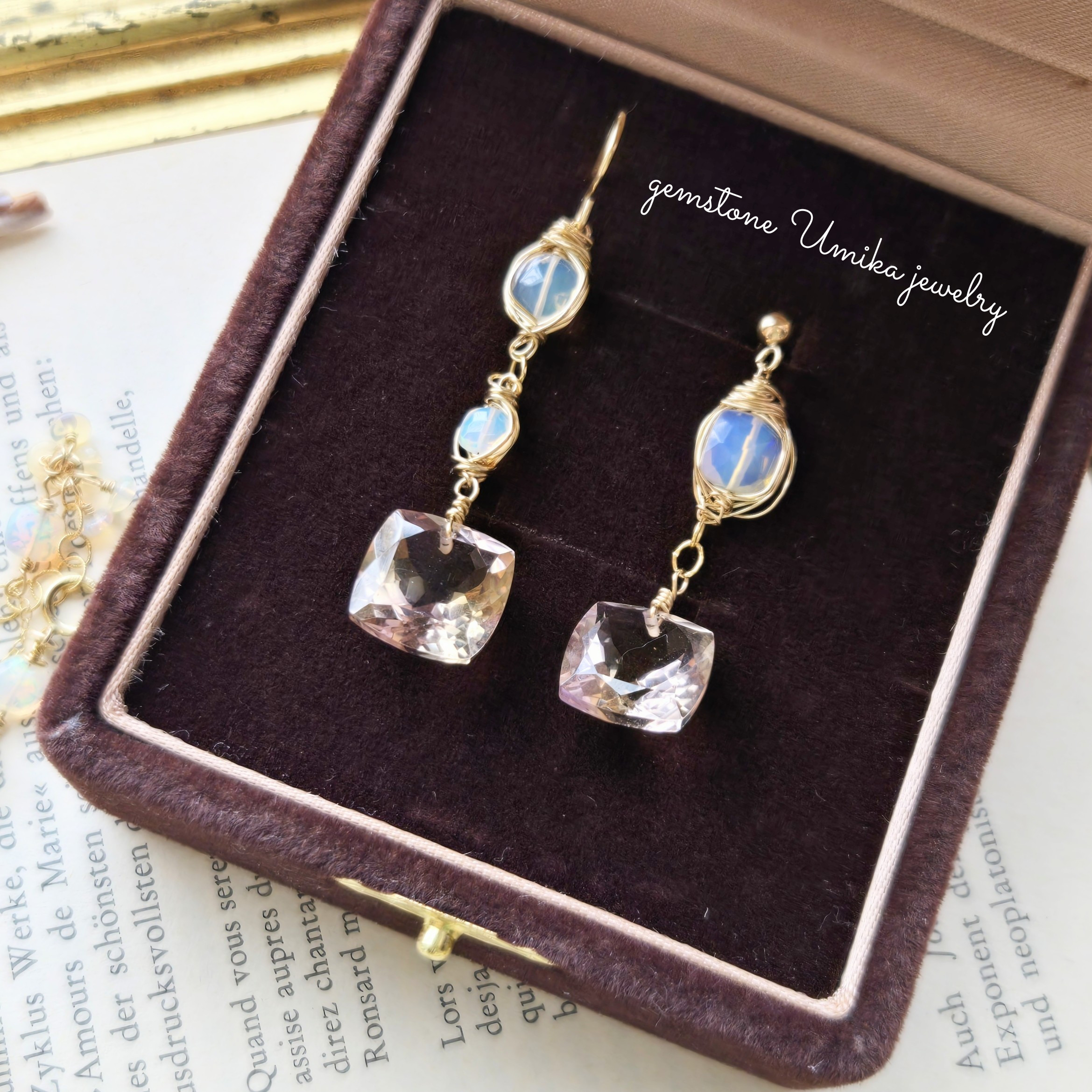 Veil～［高品質］アメトリンクションカット、エチオピアンオパール、アシンメトリーピアス14kgf